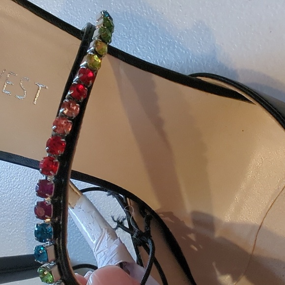 Nine West, black heel slides with rainbow rhinestone strap. 8 - Picture 2 of 10